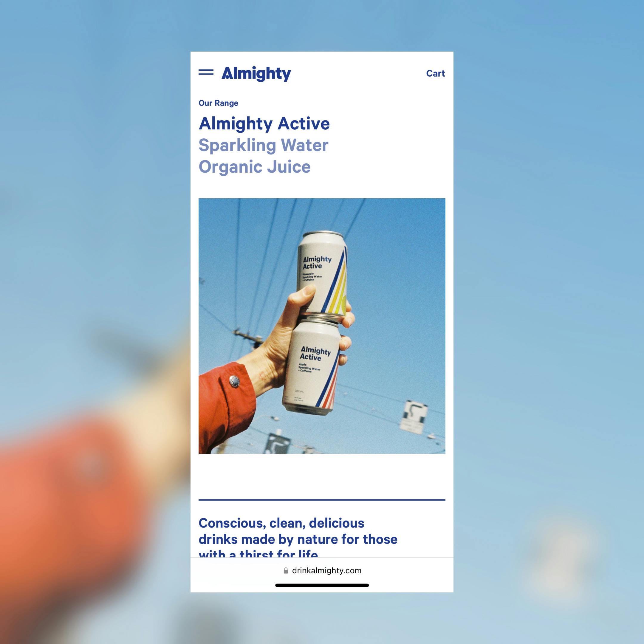A screenshot of the mobile homepage for almighty drinks