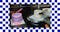 Two cakes on a bench, left cake is a heart shape iced with purple and pink colours, right cake is circular half iced with white. Image is on a blue and white checked background.